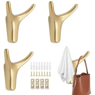 HOPNKN Garderobenhaken Gold, 4 Stück Doppelt Wandhaken mit 8 Schrauben 8 Expansionsrohre 4 Feste Schnalle, Kleiderhaken Wand Garderobe für Schlafzimmer, Küche & Wohnzimmer