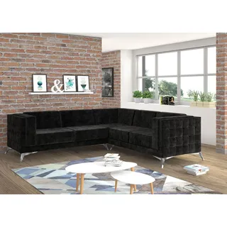 Schwarze Samt Design Ecksofa Chesterfield  Sofa Couch Wohnlandschaft Stoff Sitz - Schwarz