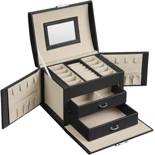 SONGMICS Schmuckkästchen 3 Ebenen, Schmuckkasten mit Griff, 2 Schubladen, Schmuckschatulle mit Spiegel, Schloss, Schmuckaufbewahrung für Reisen, modern, Geschenkidee, klassikschwarz JBC154B01