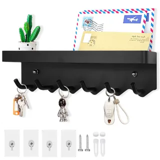 Echehi Schlüsselhalter mit 6 Haken, Einfach zu Installierende Schlüsselbrett Ohne Bohren, Metall Schlüsselablage, Garderobe, Briefständer, Geeignet für Eingangsbereiche und Hinter Türen. Schwarz