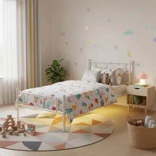 FurnitureR Metallbett 90x200 cm mit LED Beleuchtung, Einzelbett mit 25 Farben Lichtband, Stahlrahmen Bettgestell mit Lattenrost, Modernes Bett in Schwarz oder Weiß