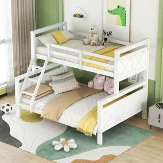 Flieks Etagenbett mit Rausfallschutz, Hochbett mit Leiter, Kinderbett 90x200cm/140x200cm, Stockbett mit Lattenrost, Massivholzbett für Kinder, Weiß - Weiß