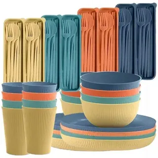 Kleines, leichtes, 48-teiliges Camping-Servies-Set, -plastisch, spülmaschinenfest, mikrowellenfest, bunt - Bunt