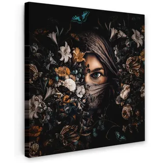 MuchoWow Leinwandbild Frau - Luxus - Blumen - Schmetterling - Porträt 50x50 cm , Textil , Quadratisch , 50x50 cm , FSC 100% , gerahmt , Bilder & Rahmen, Bilder, Leinwandbilder