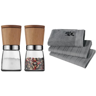 WMF Ceramill Nature Salz und Pfeffer Mühle Set 2-teilig, unbefüllt, für Salz, Pfeffer, Chilli, Salzmühle, Pfeffermühle Holz & Küchenhandtuch-Set 3-teilig, Handtuch, Geschirrhandtuch, Baumwolle