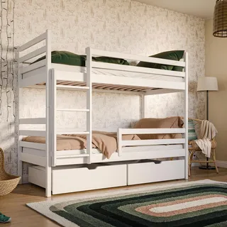 Hochbett 90x200 mit 2 Schubladen Etagenbett mit Rausfallschutz und Lattenrost, umbaubar in zwei Kinderbetten, Vollholz massiv in weiß, Funktionsbett - Weiß