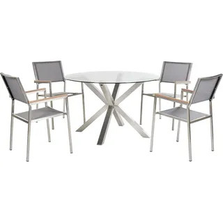 BELIANI Gartenmöbel Set 5-teilig Weiß u. Transparent Edelstahl Tisch  120 cm Rund Glasplatte mit 4 Stühlen Bespannt Stapelbar Terrasse Außenbereich - Silber, Transparent, Braun
