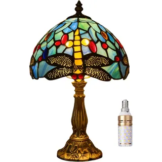 Kinbolas Tischlampe kleine im Tiffany Stil,Vintage Nachttischlampe,Schlafzimmer Fensterbank Deko Lampe,Jugendstil Tischleuchte,Blau Libellen Buntglas lampenschirm 20cm / 8 Zoll Mit LED E14 Birne