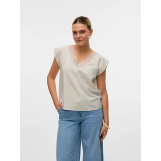 Spitzentop VERO MODA "VMSAFA SL V-NECK LACE TOP WVN GA NOOS", Damen, Gr. XS (34), grau (pumice stone), Web, Obermaterial: 85% Viskose, 15% Nylon, unifarben, loose fit taillenbedeckt, V-Ausschnitt, Tops Spitzentop