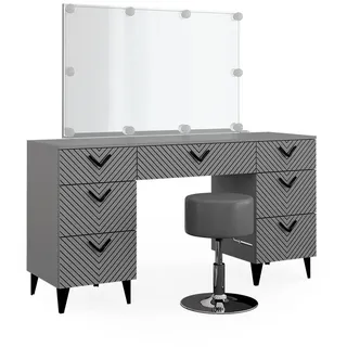 Vicco Schminktisch Anett Grau 150 cm mit LED Beleuchtung und Hocker , Holzwerkstoff , 7 Fächer , 7 Schubladen , Rechteckig,Rechteckig , 150x78.1x45 cm , Schlafzimmer, Schminktische