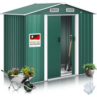 KESSER® XL Metall Gerätehaus 4,2m3 mit Fundament | inkl. Arbeitshandschuhe | 195x131x186cm | 2x Schiebetür & Fundament | Geräteschuppen | Gartenhaus Schrank | Satteldachdach Garten Schuppen - Grün
