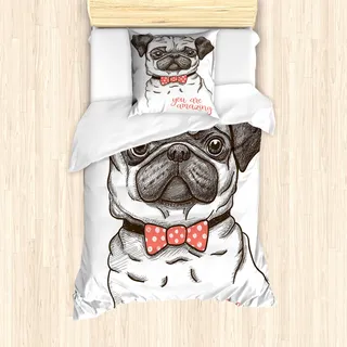 ABAKUHAUS Mops Mantele, Portrait eines Hundes Cartoon, Milbensicher Allergiker geeignet mit Kissenbezügen, 135 cm x 200 cm - 80 x 80 cm, Schwarz Rot - Rot