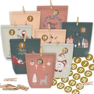 Adventskalender zum Selbstbasteln, 24 Weihnachtstüten, Papiertüten mit Zahlensticker