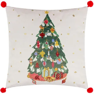 furn. Deck The Halls Federgefülltes Kissen (Mehrfarbig - 43x43cm) | Weihnachtsbaum Vintage Ornamente Gold Bestickt Pomponbesatz Festliches Kissen