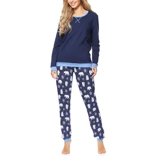 Merry Style Damen Lang Zweiteiliger Schlafanzug aus Baumwolle Pyjama Set Winter MS10-168 (Dunkelblau Bär-2, XL)