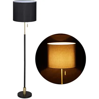 Relaxdays Stehlampe Wohnzimmer, E27, mit Kabel, Stofflampenschirm Ø40 cm, Vintage Stehleuchte 163 cm hoch, schwarz-gold