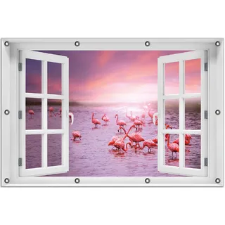Wallario Outdoor-Poster für Garten oder Balkon 80 x 120 cm: Rosa Flamingos bei Sonnenuntergang - Rosa