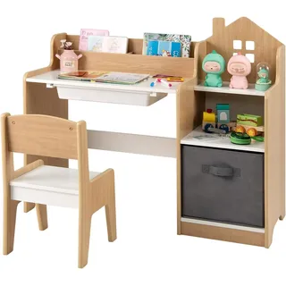 FANTASK Schreibtisch Kinder mit Stuhl, Kinderschreibtisch mit Schublade, offenen Regalen & Stoffbehälter