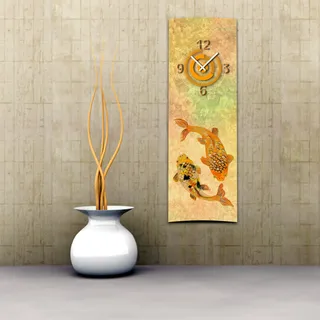 Wanduhr XXL 3D Optik Dixtime asiatisch Fische 30x90 cm hochkant leises Uhrwerk GL-011H - Gelb