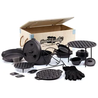 BBQ-Toro 19-teiliges Dutch Oven Set Mania Family in Holzkiste | Mit Feuertopf und mehr | Gusseisen - Bereits eingebrannt | Grill, Dutch Ovens, Grilltopf