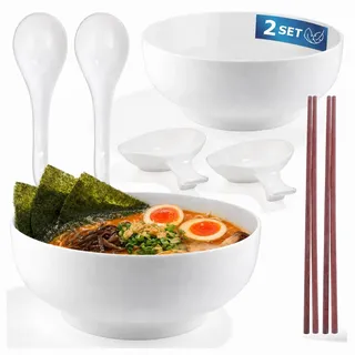 Urban Lifestyle Ramen Schüssel Set 2 Personen Große Ramen Bowls Ø 20,5 cm 1,7 L aus New Bone China Porzellan, Suppenschalen Set mit Löffel, Essstäbchen & Dip Schalen, Asiatische Schüsseln Weiß