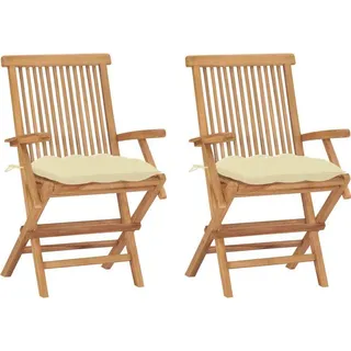 Gartenstühle mit Cremeweißen Kissen 2 Stk. Massivholz Teak - Creme, Bunt