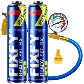 FIXFY 5in1 – Komplett-Set: Schlauch mit Manometer & Adapter + 2× Ersatz-Kältemittel R1234YF (Öl, Dichtmittel, Trocknungsmittel, UV-Farbstoff) – für Fahrzeuge ab Baujahr 2017 – Klimaanlage selbst befül