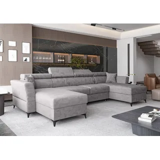 AX LIVING Ecksofa klein mit Schlaffunktion Ribella 345 cm Grau U-Form, Bettkasten - Hellgrau