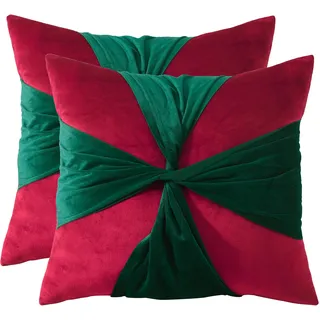 Tosleo 2er Set Weihnachten Kissenbezug aus Samt 45x45CM Grünes Band Dekokissen Deco Kissenbezüge Merry Christmas für Sofa Wohnzimmer Schlafzimmer Couch Party