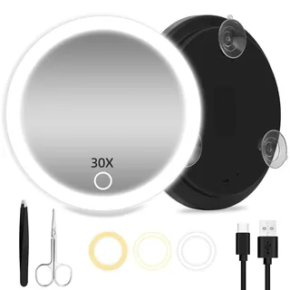 JADAZROR LED-Kompaktspiegel, 30-Fach-Vergrößerungsspiegel mit Licht, 15cm Reisespiegel mit Vergrößerung, wiederaufladbarem beleuchtetem 30-facher Vergrößerungsspiegel
