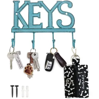 Comfify Schlüsselhalter Keys - Wandmontierter Westernschlüsselhalter | 4 Schlüsselhaken | Dekoratives Gusseisen-Schlüsselbrett | mit Schrauben und Dübeln - 15,2 x 20,3 cm - CA-1506-04 (Rustic Blue)