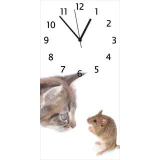 Wallario Design Wanduhr Katze und Maus beim Spielen - weißer Hintergrund aus Echtglas, Größe 30 x 60 cm - Weiß