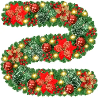 Weihnachtsgirlande, 270cm Weihnachtsgirlande mit Beleuchtung, 30 LED Beleuchtet Girlande Weihnachten Dekoration Tannengirlande Künstlich Weihnachtsdeko Weihnachtskranz für Tür Kamine Treppen