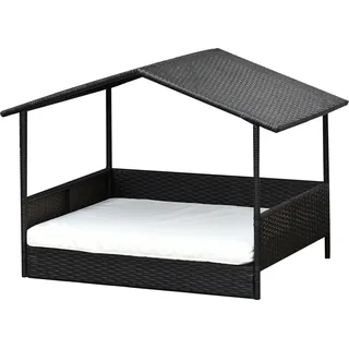PawHut Rattan Hundehaus mit Kissen, Hundebett im Hausform, Outdoor Hundehütte, Stahlrahmen, Kunststoff, Kaffee-Braun, 69 x 98 x 70 cm - Braun