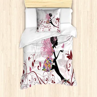 ABAKUHAUS Prinzessin Mantele, Blumen-Fee Schmetterlinge, Milbensicher Allergiker geeignet mit Kissenbezügen, 135 cm x 200 cm - 80 x 80 cm, Maroon Schwarz Rosa