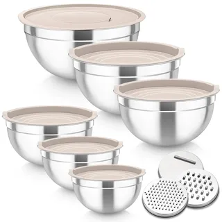TEAMFAR Rührschüssel 6er Set, Edelstahl Schüssel Set mit Deckel für Küche, Salatschüssel mit 3 Reibenaufsätzen & Luftdichtem Deckel, 4,6L/2,8L/2,5L/1,6L/1,2L/0,7L, Stapelbar, Kahaki