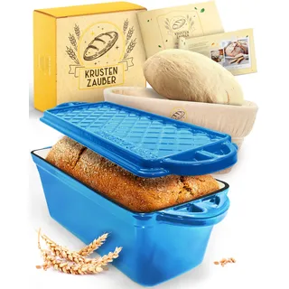 KRUSTENZAUBER Emaille Brotbackfrom mit Deckel inkl. Gärkorb - Robuste 28cm Backform aus Gusseisen - Ideal als Kastenform, Toastbrot Backform, Brotform, Gusseisen Topf Brot backen Zubehör, Brottopf