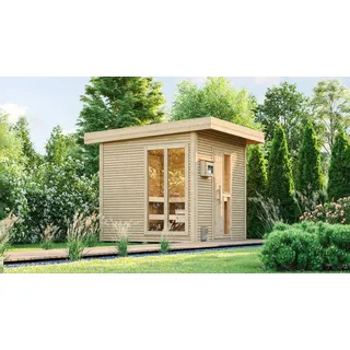 Saunahaus Weka Kuopio inkl.9 kW Ofen u.ext.Steuerung mit Fenster und Holztüre mit Isolierglas wärmegedämmt - Weiß