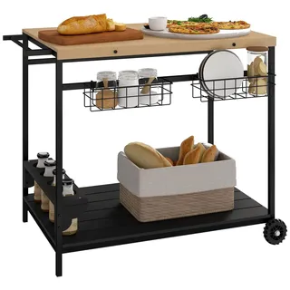 Outsunny Gartenrollwagen mit 2 Ebenen, mit Aufbewahrungskorb, mit Griff, Tanne, Natur | Fichtefarben , Holz , 65x81x97.5 cm , Esszimmer, Servierwagen