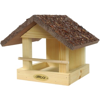 dobar 38120FSCe klassisches Vogelfutterhaus Rindendach - Vogelhaus aus Massivholz - Kleine Vogelvilla zum Hängen an Wand oder Baum - Vogelfutterstation mit Futtertablet - 20 x 22,5 x 18 cm - Braun