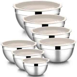HaWare Rührschüssel, Edelstahl Schüssel 7er Set, Stapelbare Salatschüssel mit Luftdichtem Deckel zum Backen/Kochen/Zubereiten, Spülmaschinenfest, 6,5/4,5/3 /2,5/1,5/1,2/0,7L, Khaki