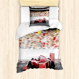 ABAKUHAUS Autos Mantele, Red Race Car Seitenansicht, Milbensicher Allergiker geeignet mit Kissenbezügen, 135 cm x 200 cm - 80 x 80 cm, Grau, Rot, Schwarz