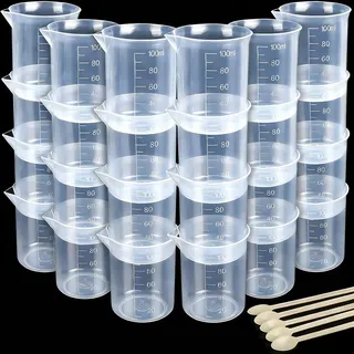 24 Stück Messbecher 100ml, LEOBRO für Epoxidharz Plastik Messbecher mit Stück Rührstäbe, Transparent abgestufter Epoxid Mischbecher zum Farbe anmischen, Epoxidharz