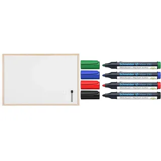 Bi-Office Budget Whiteboard mit Holzrahmen, magnetisch, 5 Größen wählbar, 90 x 60 cm & Schneider Maxx 290 Marker Etui mit 4 Farben