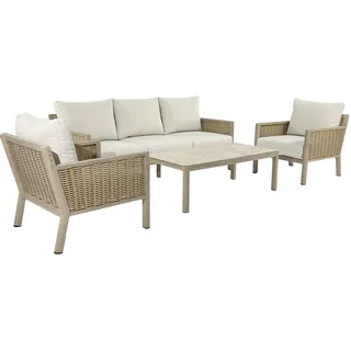 DRW Sofa-Set, Couchtisch und 2 Sessel aus Aluminium und Rattan in Beige und Natur, Sessel 75 x 85 x 75 cm, Sofa: 165 x 85 x 75 cm, Tisch: 90 x 60 x 44 cm