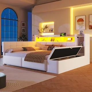 Tagesbett, Daybett 140 × 190 cm,Schlafsofa mit zwei Schubladen, USB- und Typ-C-Anschlüssen, Ablagefach, Stauraumbank am Fußende, LED-Lichtleiste, Weiß - Weiß