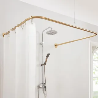 Duschvorhangstange U Form, Duschstange Ecke mit 12 Vorhangringen & Deckenstütze für Badewanne/Badezimmer, Bohr-Montage Erforderlich [Both Sides: 60cm - 132cm, Mitte: 78cm - 118cm] (Gold)