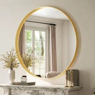 Koonmi runder Wandspiegel 120 cm, tiefer Metallrahmen, Gold