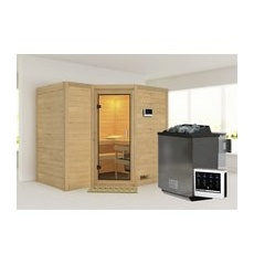 KARIBU Sauna »Riga 2«, inkl. 9 kW Bio-Kombi-Saunaofen mit externer Steuerung, für 4 Personen - beige