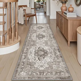 DEXI Läufer Flur Teppich 60 x 180 cm, Küchenläufer Lange waschbar rutschfest, Schmutz & Wasser Aufnehmen Dünne Vintage Teppichläufer für Hauseingänge, Küche, Waschküche, Braun